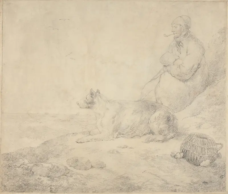 Fiskare och hund vid kusten av George Morland