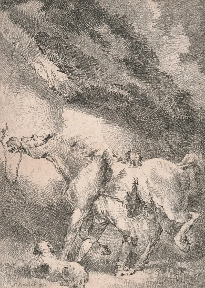Stallkarl som rykter en häst av George Morland