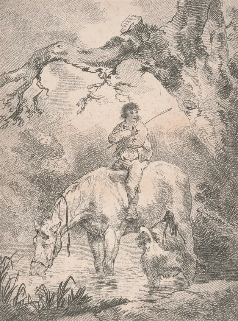 Kvinna till häst i en bäck av George Morland