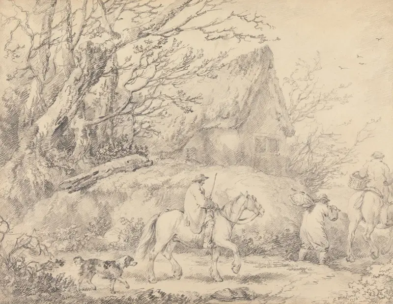 Landskap med stuga och ryttare av George Morland