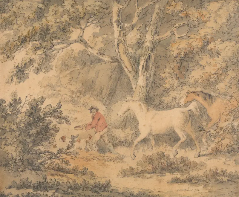 Landscape with Horses, Farmer and Dog av George Morland