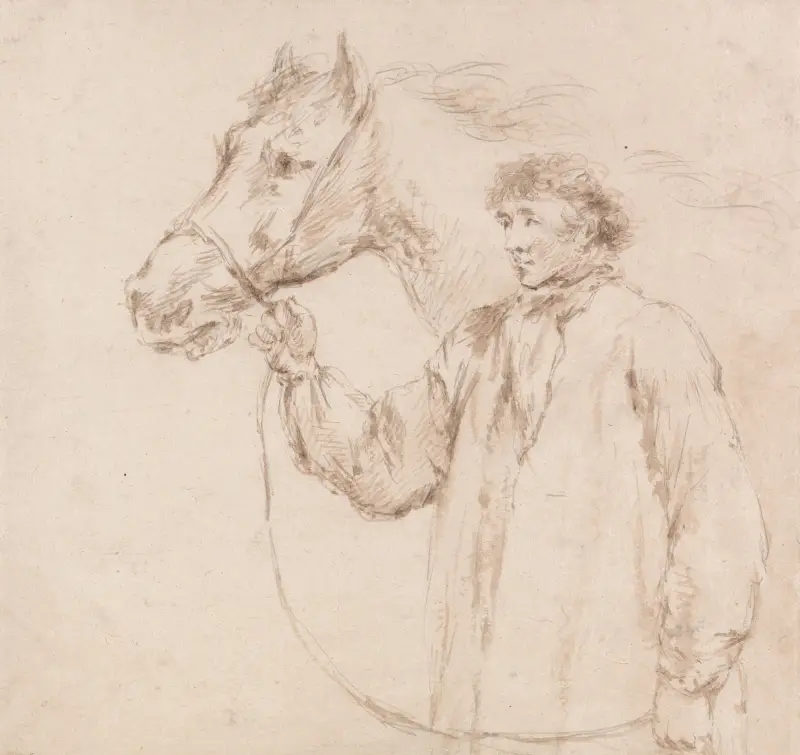 Man hållande häst vid betsel av George Morland