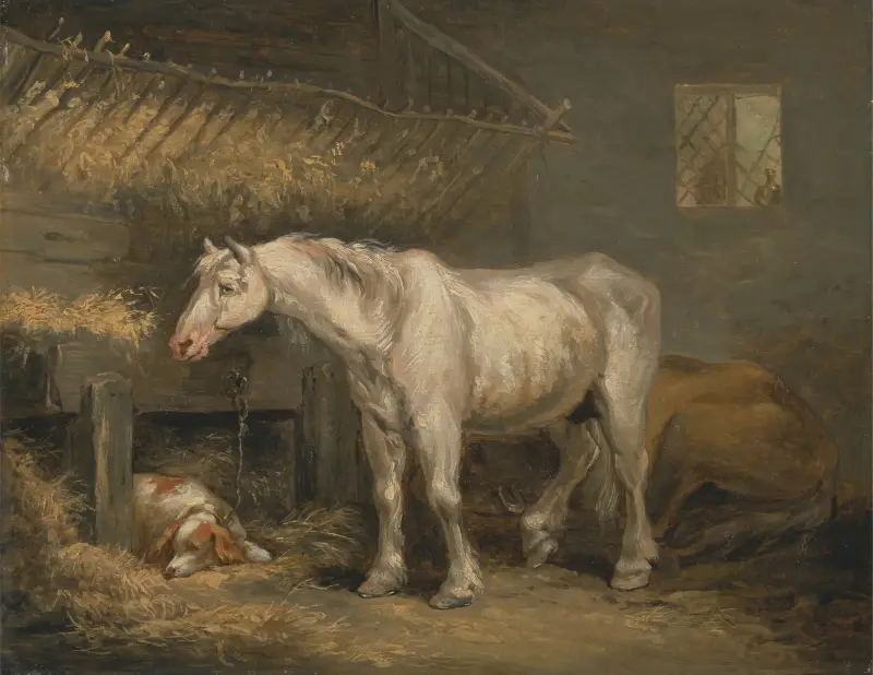 Gamla hästar med en hund i ett stall av George Morland
