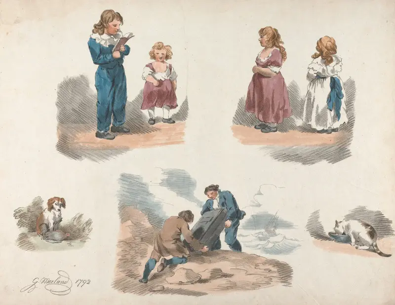 Studier av barn, en hund, en katt m.fl. av George Morland
