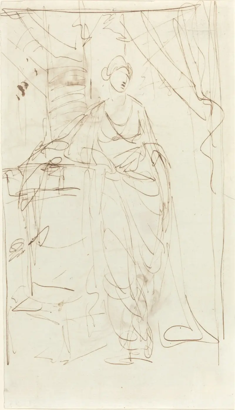 En elegant dam i klassisk dräkt av George Romney