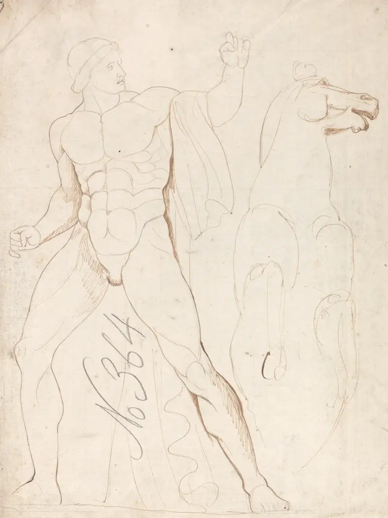 Klassisk manlig nakenstudie med stegrande häst av George Romney