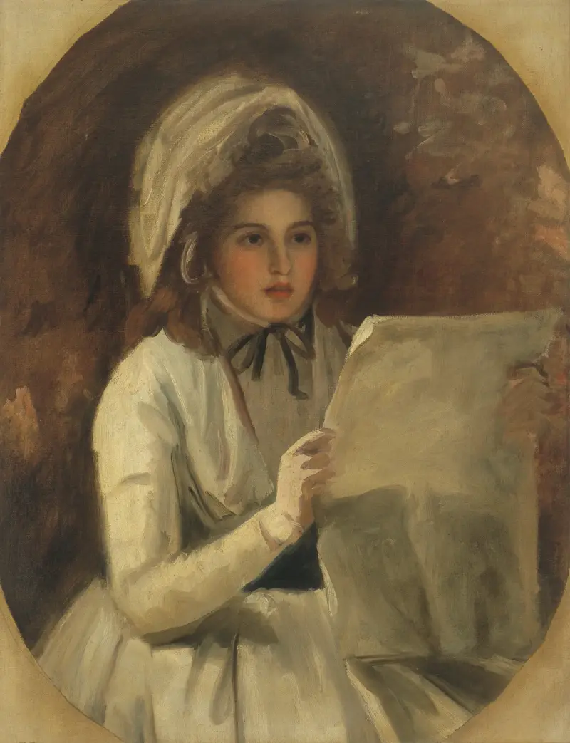 Lady Hamilton as ‘Serena’ Reading a Newspaper av George Romney