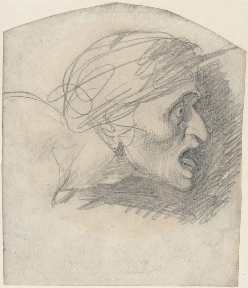 Profil av ett groteskt huvud, vänt åt höger av George Romney