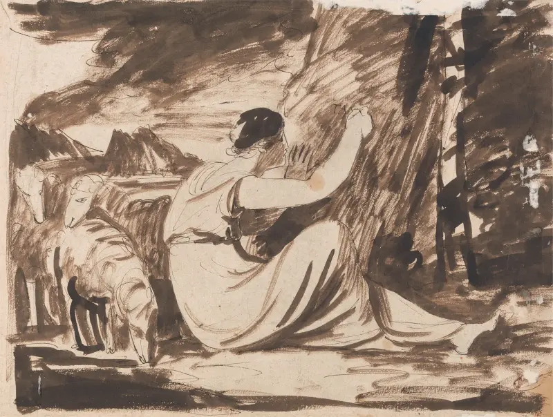 Herdinna som ristar en inskription i ett träd av George Romney