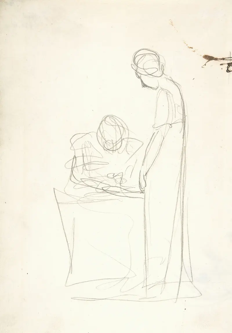 Studie av två figurer; en sittande, den andra stående av George Romney