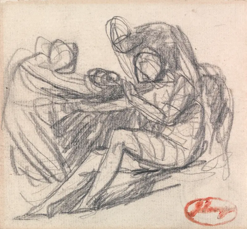 Två figurer som hjälper en sittande figur av George Romney