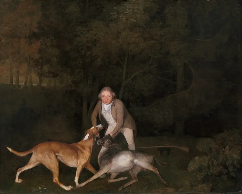 Freeman, der Wildhüter des Earl of Clarendon, mit einer sterbenden Hirschkuh und einem Hund von George Stubbs