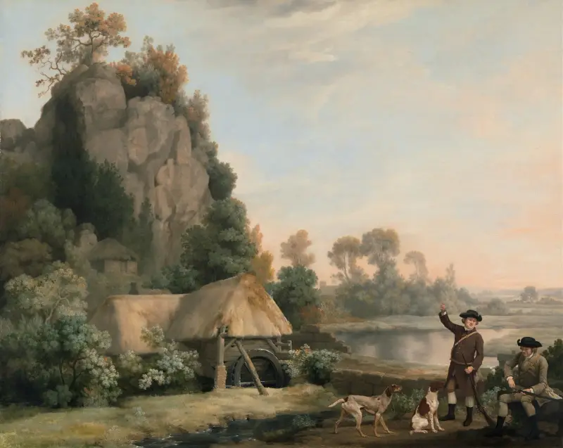 Två herrar på jakt med utsikt över Creswell Crags, taget på plats av George Stubbs