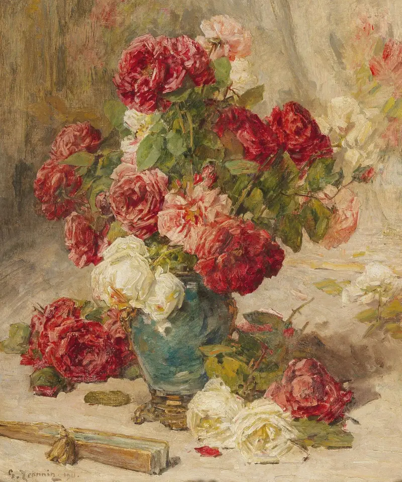 Stilleben med rosor i vas och en solfjäder av Georges Jeannin