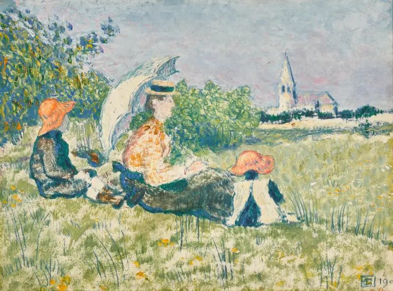Fru Lemmen och hennes barn i en trädgård av Georges Lemmen