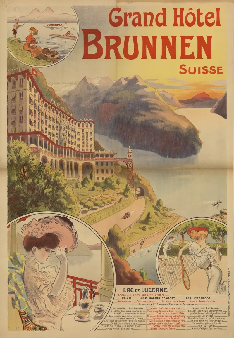 Grand Hôtel Brunnen. Suisse. Lac de Lucerne. vue splendide. coin le plus célèbre de l’histoire suisse av Georges Meunier