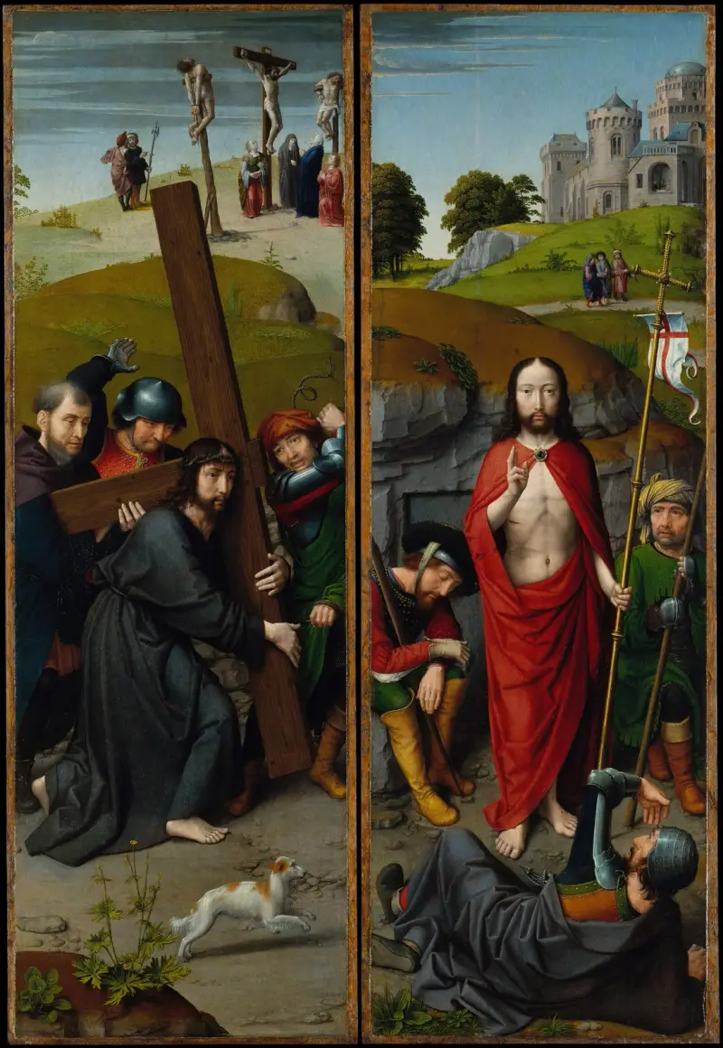 Christ Carrying the Cross, with the Crucifixion; The Resurrection, with the Pilgrims of Emmaus av Gerard David