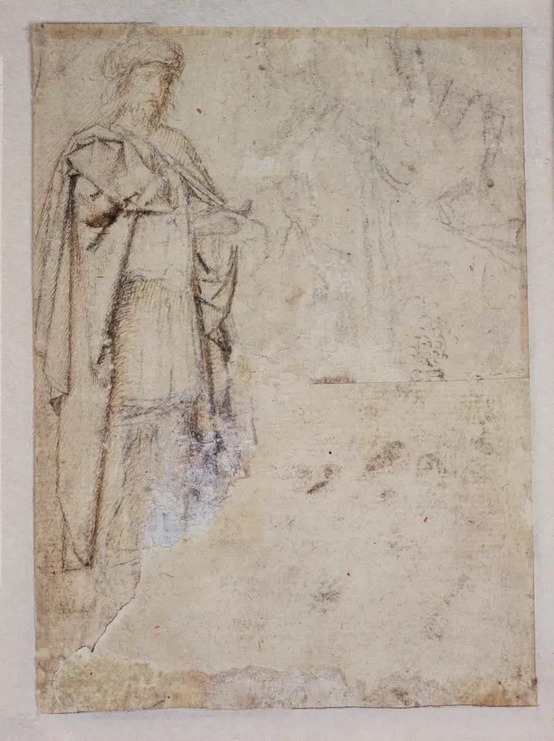 Figurstudie av Kambyses, uppe till höger tygstudier av Gerard David