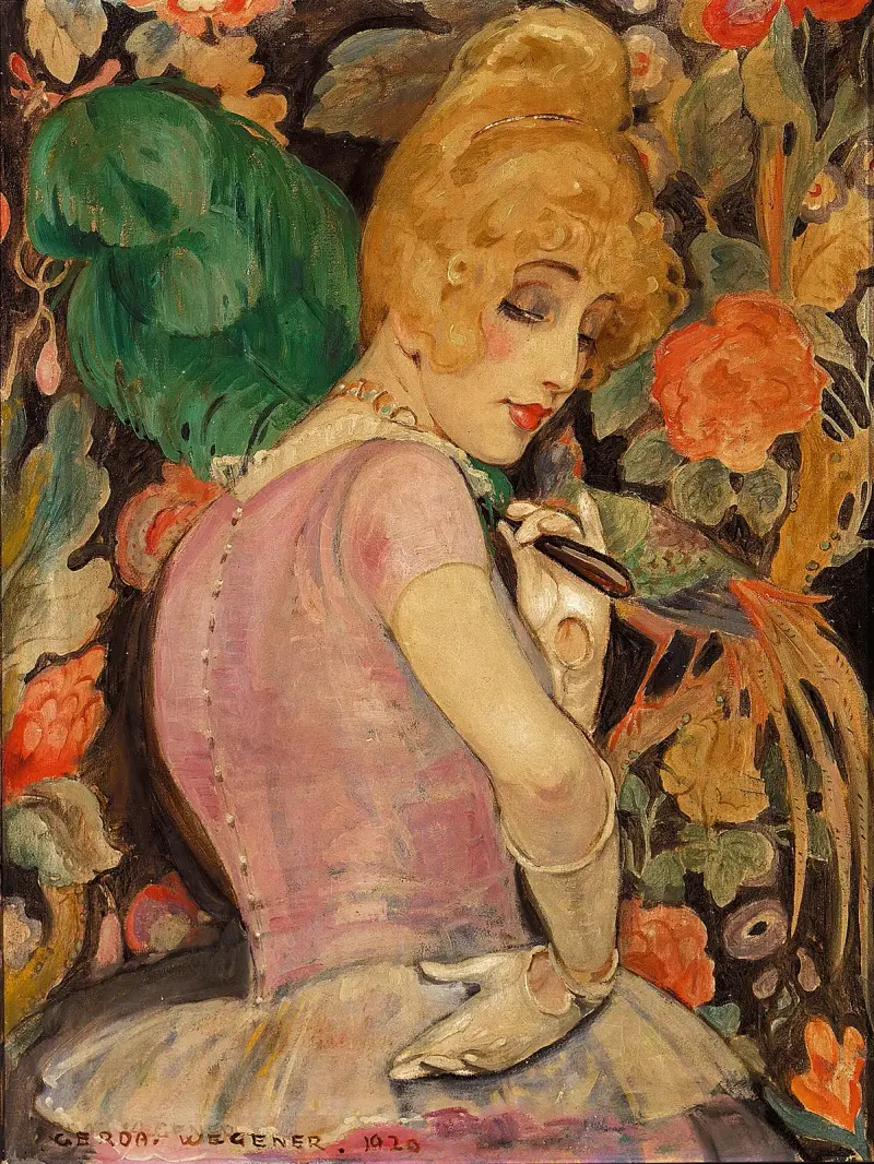 Portræt af Lili Elbe med grøn fjervifte av Gerda Wegener