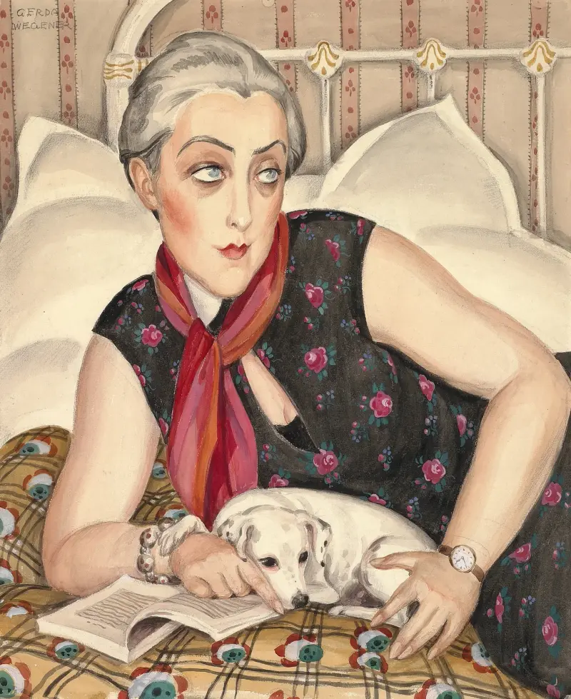 Portrait of a woman reading with a dog av Gerda Wegener