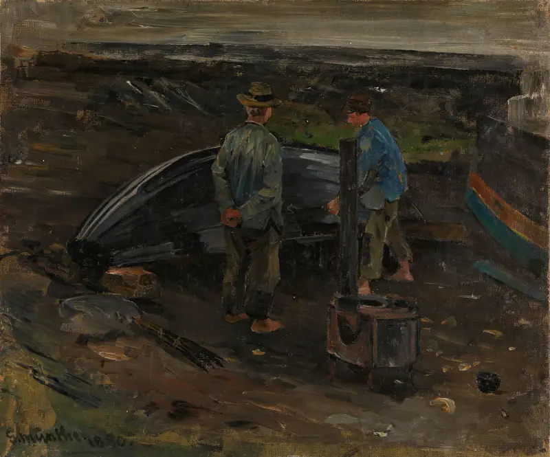 Pojkar som tjärar en båt, Nevlunghavn av Gerhard Munthe