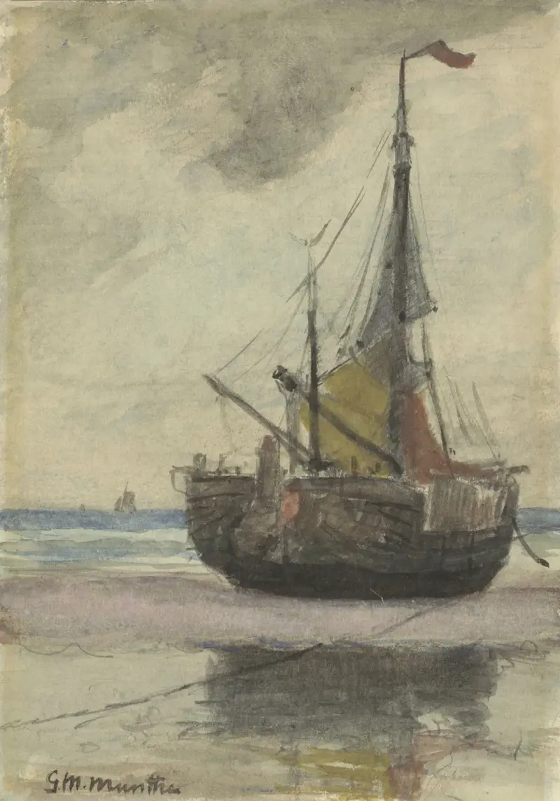 Vissersboot op het strand met gereefd zeil av Gerhard Munthe