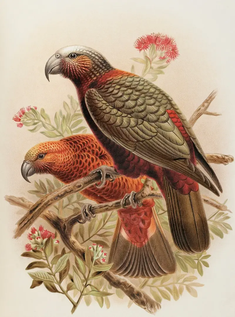 Kaka-papegoja och varieteten ’Kaka-kura’. Nestor Meridionalis av John Gerrard Keulemans