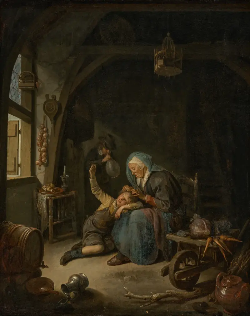 Interiör med en gammal kvinna som plockar löss i en pojkes hår (”Rembrandts mor”) av Gerrit Dou