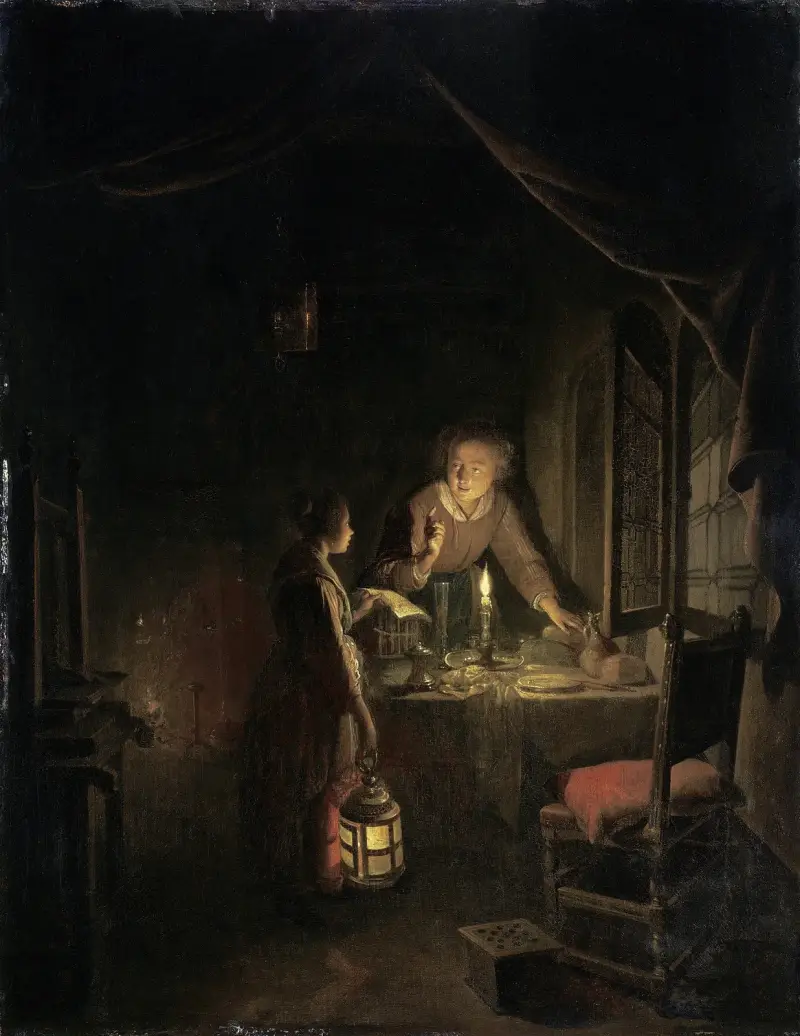 Kvinna dukar av kvällsbordet av Gerrit Dou