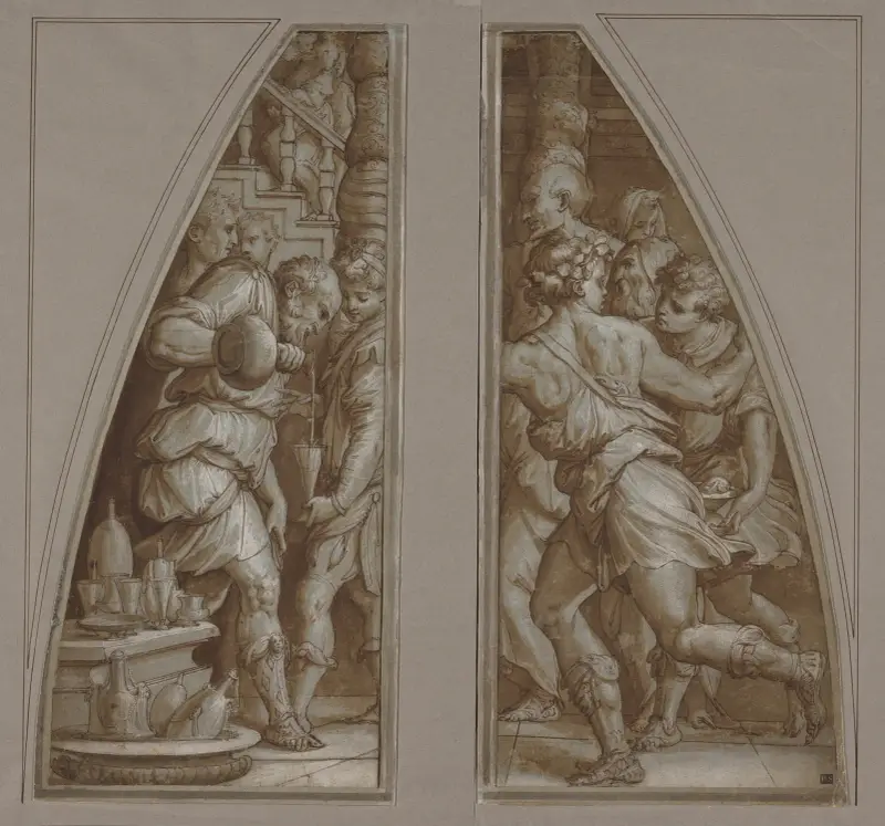 ‘Bearded Man Filling a Glass’ and ‘Youth Running’ av Giorgio Vasari