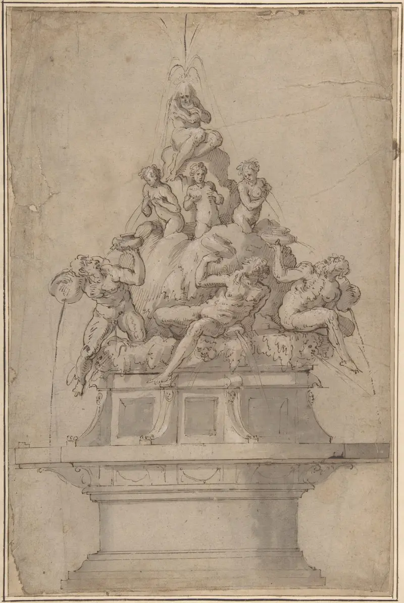 Design för en fontän med flodgudar och nymfer av Giorgio Vasari