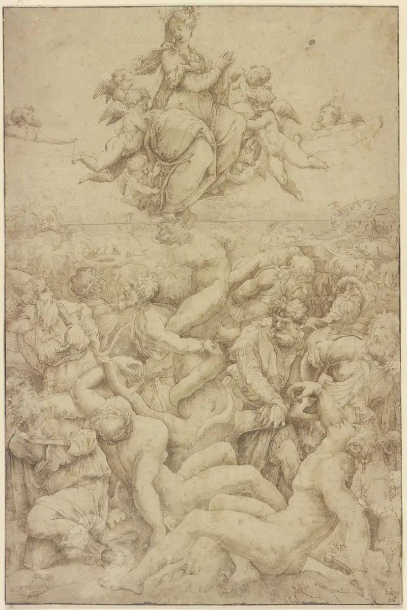 Maria von Engeln getragen als Siegerin über die Schlange und das Heidenthum av Giorgio Vasari
