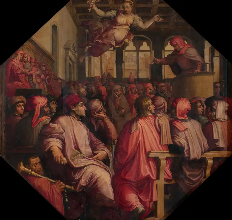 Speech by Antonio Giacomini for the war against Pisa in the Sala dei Duecento av Giorgio Vasari
