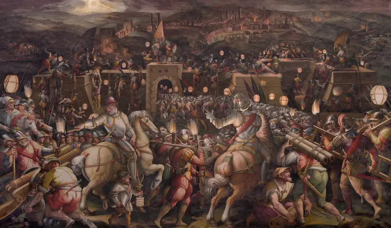 The storming of the fortress near Porta Camollia in Siena av Giorgio Vasari