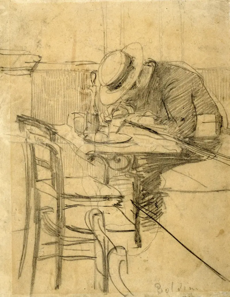 Målaren Helleu sittande på en kaféterrass av Giovanni Boldini
