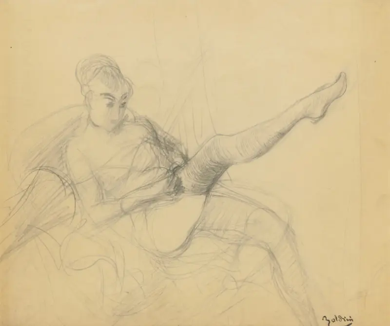 Sittande kvinna som tar på sig strumpan av Giovanni Boldini