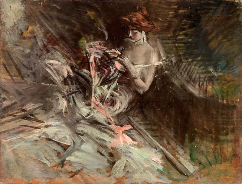 Balklänningen (Interiör med ung flicka som syr) av Giovanni Boldini