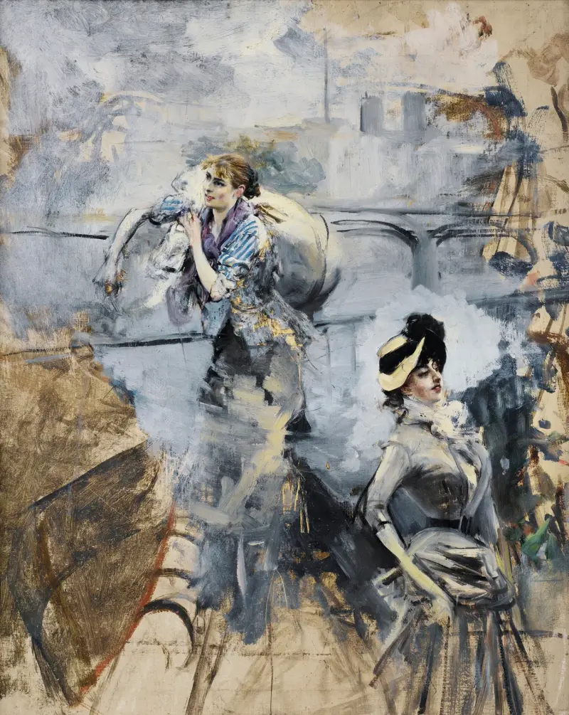 Washerwoman And a Young Brunette By The Seine, Paris av Giovanni Boldini