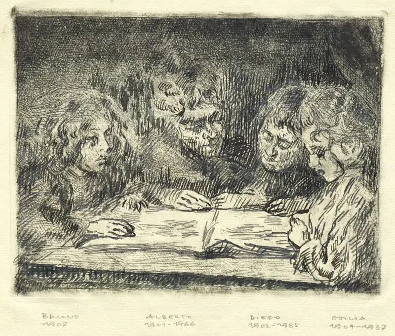 Alberto, Diego, Ottilia und Bruno beim Lesen av Giovanni Giacometti