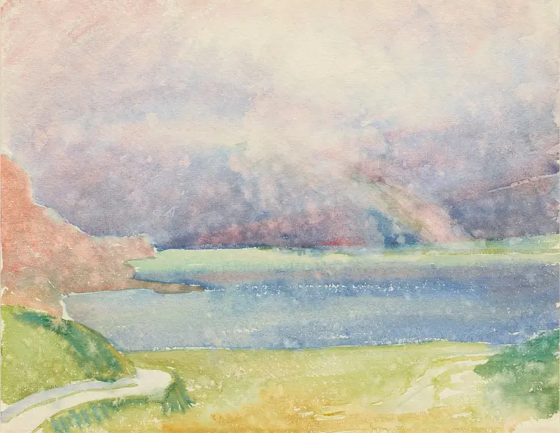 Utsikt från Maloja mot Silsersjön med regnbåge av Giovanni Giacometti