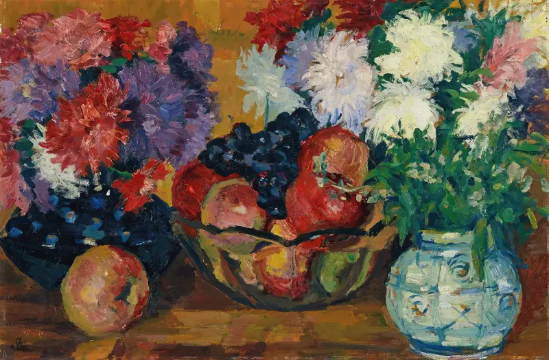 Stilleben med astrar, äpplen och druvor av Giovanni Giacometti