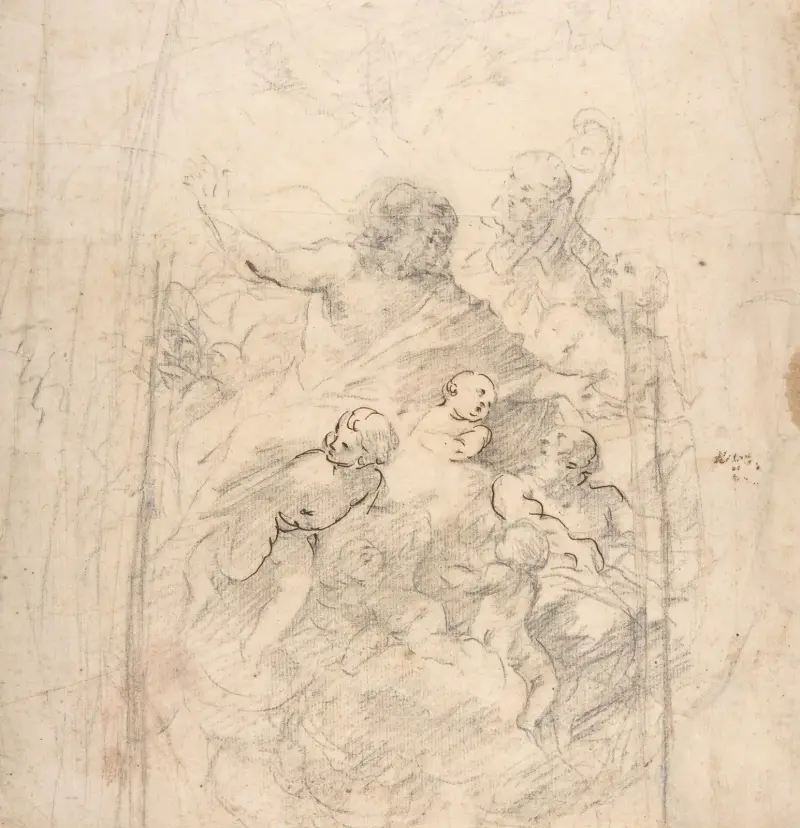 A Bearded Prophet in Glory Attended by a Bishop, Two Other Male Saints, and Angels (Design for a Section of a Dome) av Giovanni Lanfranco