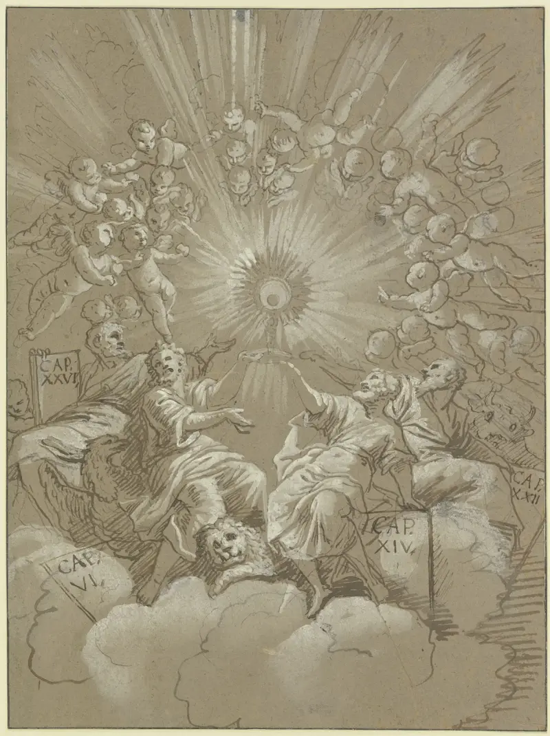 Die Verehrung der Hostie durch die vier Evangelisten av Giovanni Lanfranco