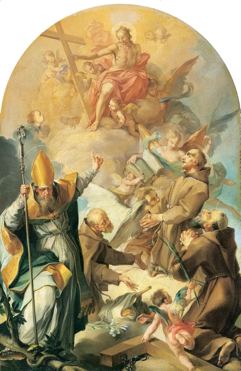 Three Capuchin Saints and a Bishop Worshipping Christ and the Cross av Giovanni Lanfranco