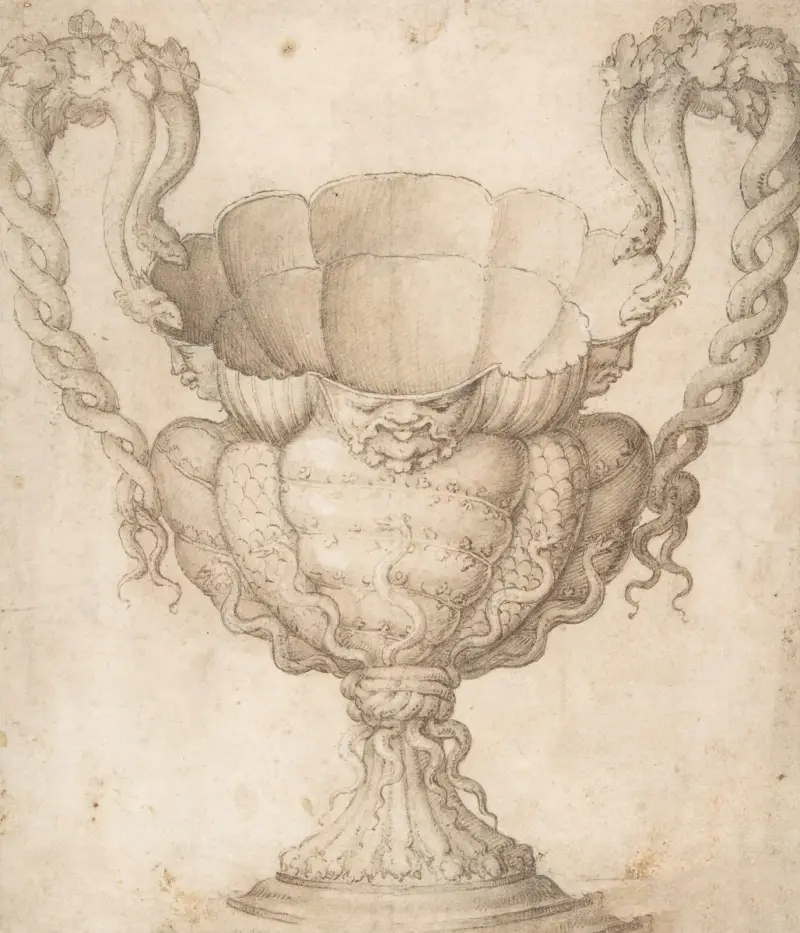 Design for a Decorated Drinking Cup with Floriated Heads around Large Mouth, Intertwined Serpents as Handles av Giulio Romano