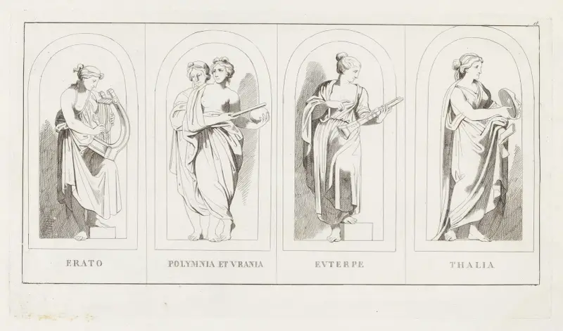 Erato, Polymnia et Vrania, Euterpe, Thalia av Giulio Romano