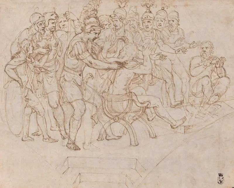 Gaius Marcius Coriolanus upptäckt bland volscierna av Giulio Romano