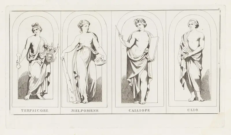 Terpsicore, Melpomene, Calliope, Clio av Giulio Romano