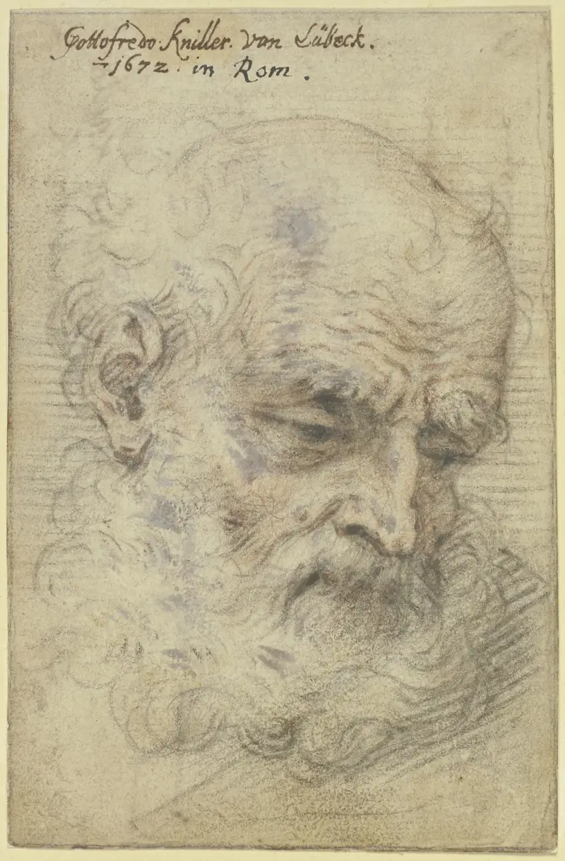 Alter kahlköpfiger bärtiger Mann, nach rechts niederblickend av Sir Godfrey Kneller