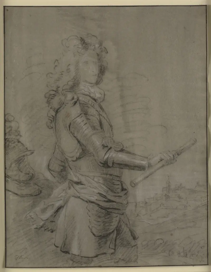 Portræt i knæfigur af en hærfører i rustning og med stav i højre hånd I baggrunden et landskab med en by av Sir Godfrey Kneller